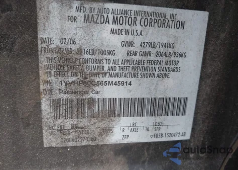 2006 Mazda Mazda6 I from USA, damaged, VIN 1YVHP80C565M45914